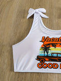 Women's Two-Piece Bikini Set Scoop Neck Sleeveless Printed Top with High Waist Orange Bottoms, Polyester and Elastane Blend Knit Fabric Swimwear with Medium Stretch for Beach and Pool