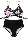 Tropical Print Ruched 2 Piece Set Bikini, V Neck Strappy High Waist Swimsuits, Women's Swimwear & Clothing