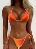 2 Piece Ombre Neon Color Halter Neck Triangle Bikini Set - Stretchy Tie Back Swimsuits with Lace Up Detail, High Stretch Polyester Fabric, Knit V Neck Design - Womens Swimwear & Clothing for Summer Vacation