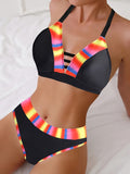 2 Piece Set V Neck High Cut Random Print Bikini, Contrast Color Women's Swimwear & Clothing