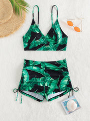 Stylish V-Neck Tie-Side Bikini Sets - High-Waist Two-Piece Swimsuit with Green Leaf Print, Adjustable Straps, and Flattering Cut - Perfect for Summer Beach Vacations and Pool Parties