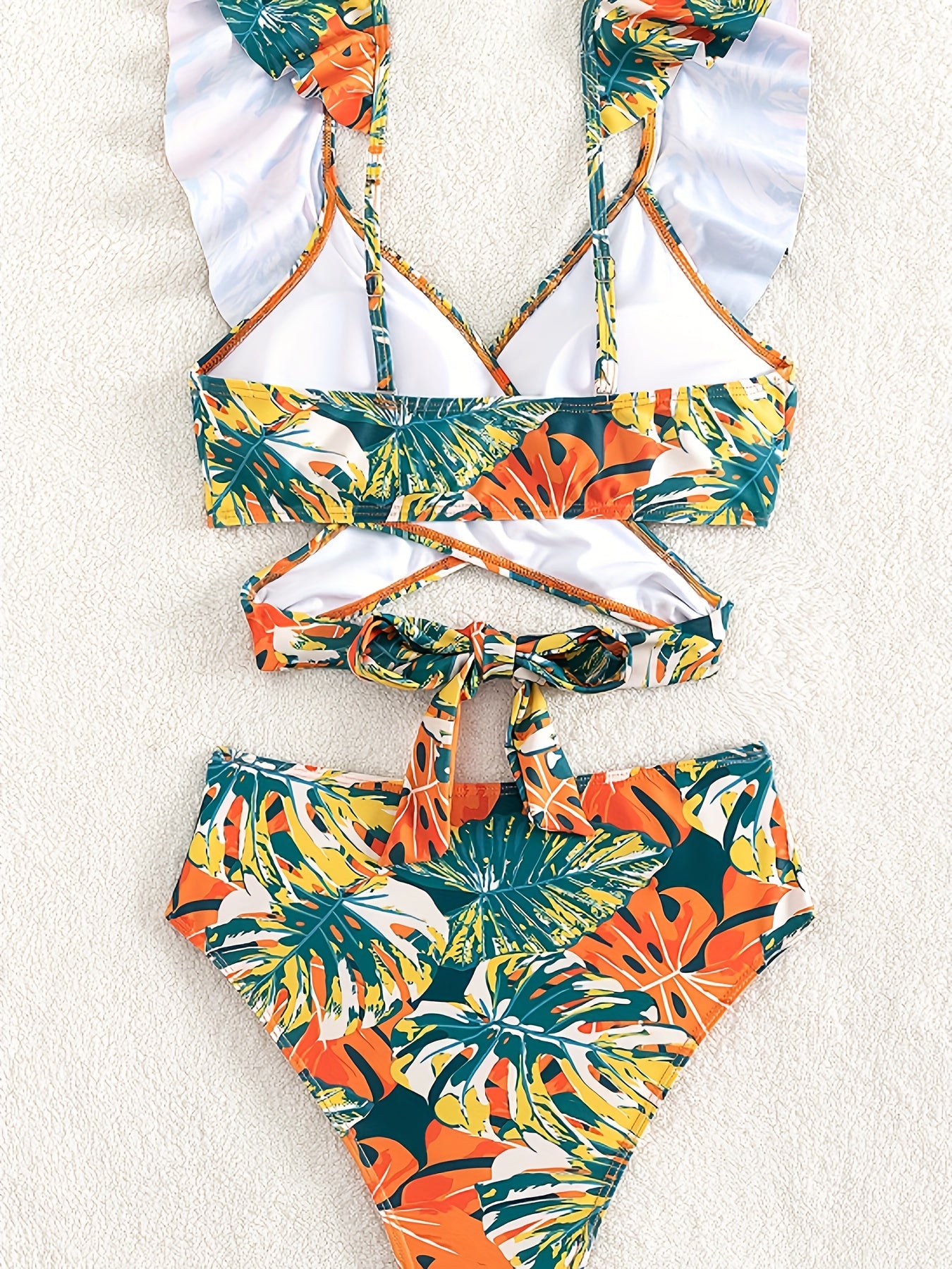 Flirty Tropical Print Ruffle Trim Bikini Set - High-Waisted Womens Swimsuit for a Chic Vacay Style - Comfortable Two-Piece Bathing Suit