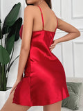 Women's Sexy Solid Satin Contrast Lace Sleepwear Dress, V Neck Backless Side Split Slip Dress, Comfortable Nightgown