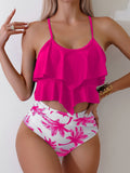 Vibrant Palm Tree Print Two-Piece Bikini Set - Ruffle High Waist, High Cut, Round Neck, Flattering Swimwear for Women - Perfect for Palm Sunday, Beach, Pool, and Summer Vacation