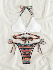 2-Piece Tribal Print High Cut Bikini Set - Stylish Tie Halter Top and Side-Tie Bottoms with Flattering Cut-Out Design, Comfortable Summer Beachwear for Women