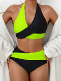2-Piece Chic Black & White Color Block Bikini Set, Halter Tie Neck & Backless Design, Medium Stretch for Supreme Comfort - Ideal for Poolside & Beachwear