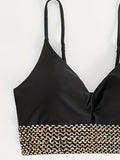 2 Piece Golden Contrast Band Sequin V Neck Bikini Set, High Waisted Stretchy Swimsuits with Spaghetti Strap for Women, Perfect for Carnival & Music Festival