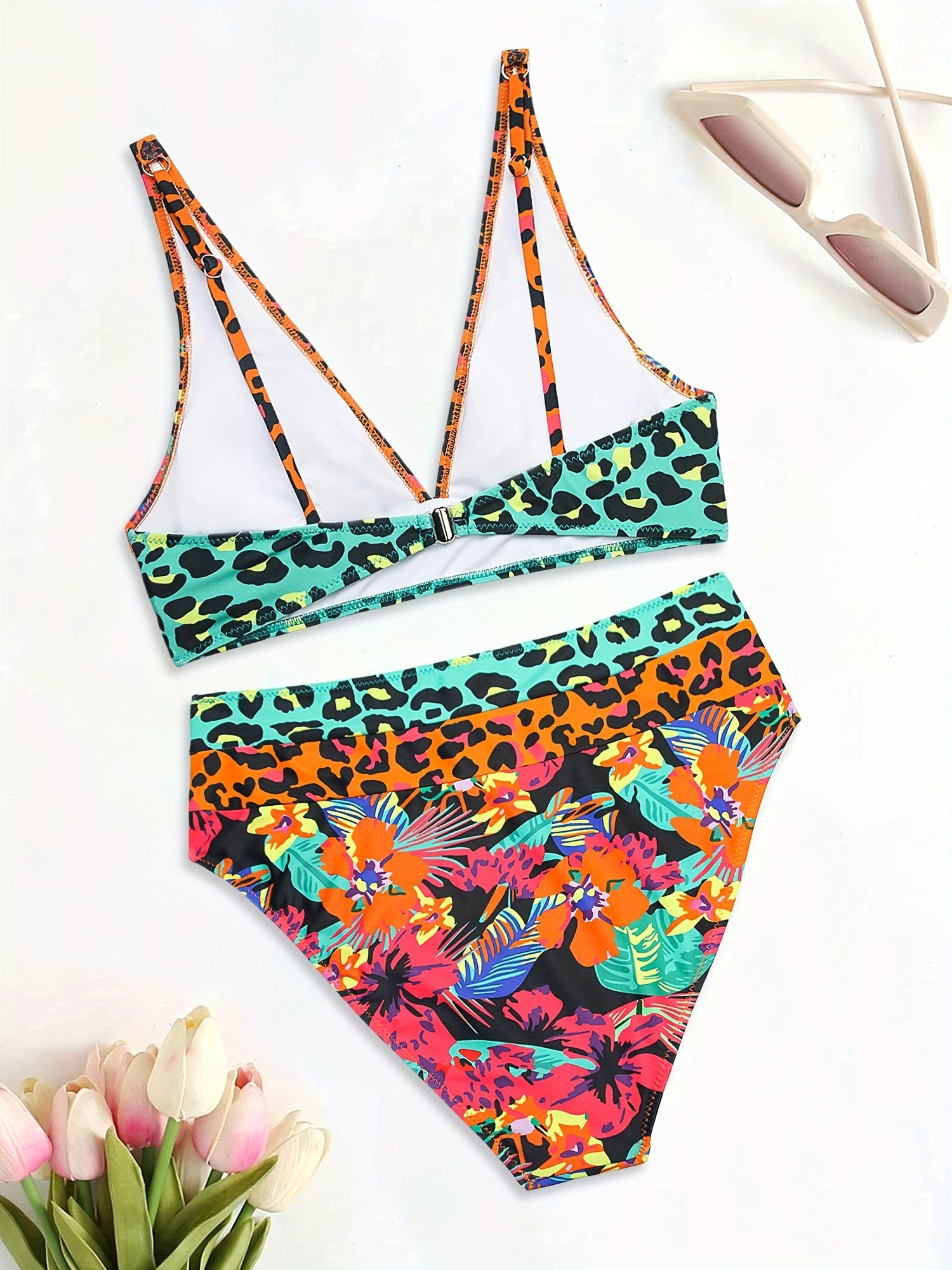 2 Piece Leopard Floral Print V Neck High Waist Medium Stretch Swimsuit, Women's Patchwork Bikini & Clothing