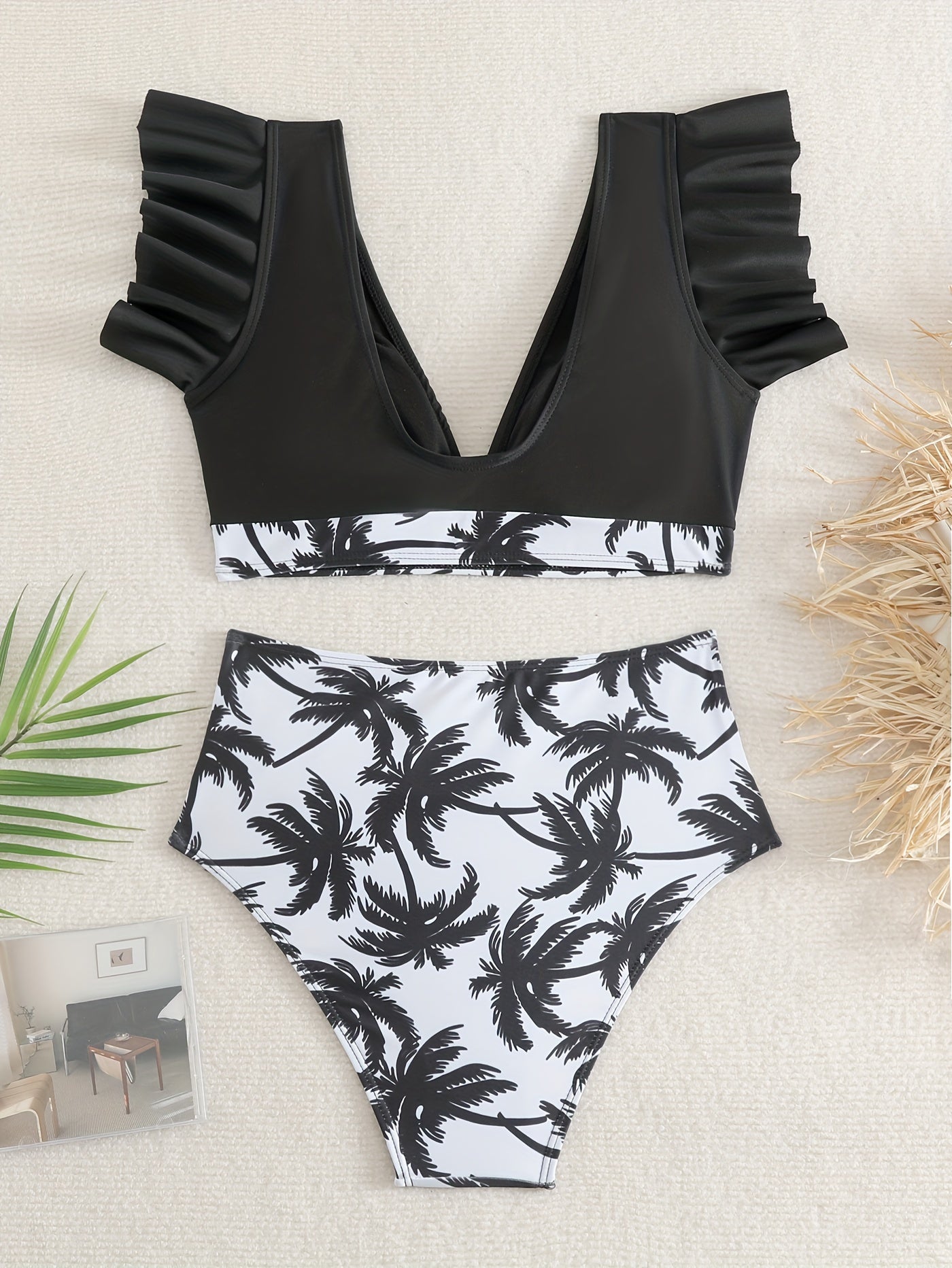 Chic 2-Piece V-Neck Bikini Set - High-Waisted Ruffle Bottoms, Sleek Black Stretch Fabric, Ideal for Beachwear & Poolside