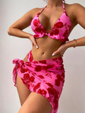 3 Piece Set: Floral Pattern Halter V Neck Tie Back Backless High Cut Bikini Swimsuits with Ruffle Hem Cover Up Skirt, Women's Triangle Top Swimwear & Clothing