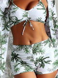 Elegant Tropical Print High-Waist Bikini Set with Knit Fabric, Polyester and Elastane Blend, Strapless Top with High Stretch Material, Sleeveless Two-Piece Swimsuit for Swimming