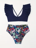 Women's Ruffled Bikini Set, Floral High-Waisted Floral Bottoms, Navy Blue Top, Beachwear, Swimwear, Fashionable Summer Poolside Outfit, Vacation Essentials