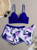 3 Piece Set Floral Leaf Print Swimsuits - Women's Swimwear Sets with Cross Spaghetti Strap Push Up Bikini, Boxer Shorts, Stretchy Fabric, and Comfortable Design for Beach and Pool