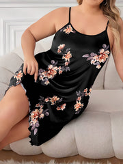 Plus Size Women's Floral Print Round Neck Frill Trim Cami Nightdress - Soft, Breathable, Comfortable Loungewear Dress for Relaxation - Sexy, Feminine, and Elegant Design