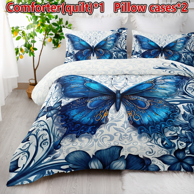 3pcs Blue Butterfly Floral Quilt Set - Soft, Breathable, Comfortable All-Season Quilted Bedding with Vibrant Print - Ideal for Home, Dormitory, and Guest Room