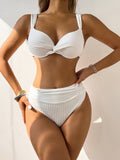 Chic High-Waist Textured Bikini Set with Underwire Push-Up Top & Stretchy Bottoms - Machine Washable, Solid Color