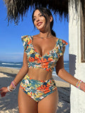 2 Piece Tropical Print V Neck Ruffle Hem High Waist Bikini Set - Women's Swimwear & Clothing