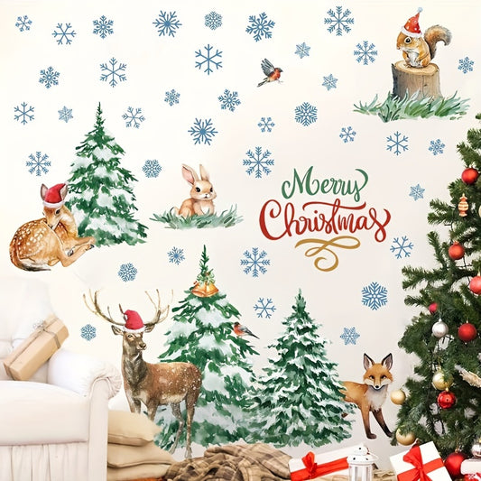 Classic Christmas Wall Stickers 50pcs Set - Watercolor Animals & Snowflakes, PVC Semi-Matte Finish, Self-Adhesive Decals for Glass & Multiple Surfaces, Single-Use Festive Wall Decor