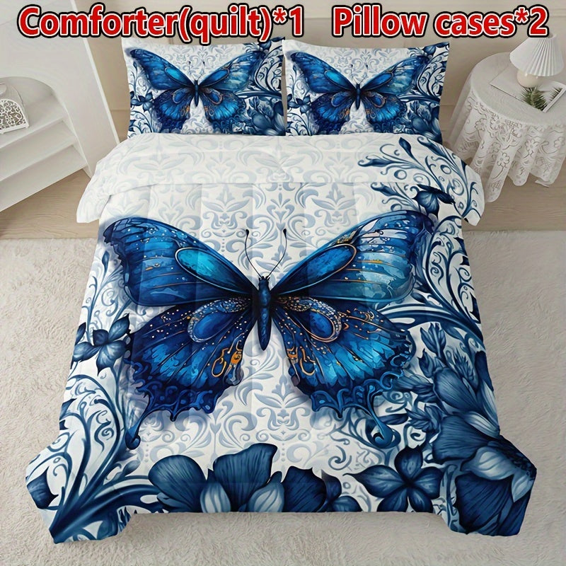 3pcs Blue Butterfly Floral Quilt Set - Soft, Breathable, Comfortable All-Season Quilted Bedding with Vibrant Print - Ideal for Home, Dormitory, and Guest Room