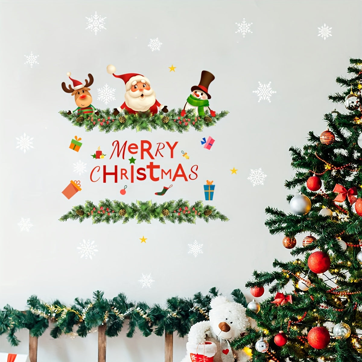 Santa & Snowflake Christmas Wall Decals - Self-Adhesive, Easy Apply for Bedroom & Home Decor