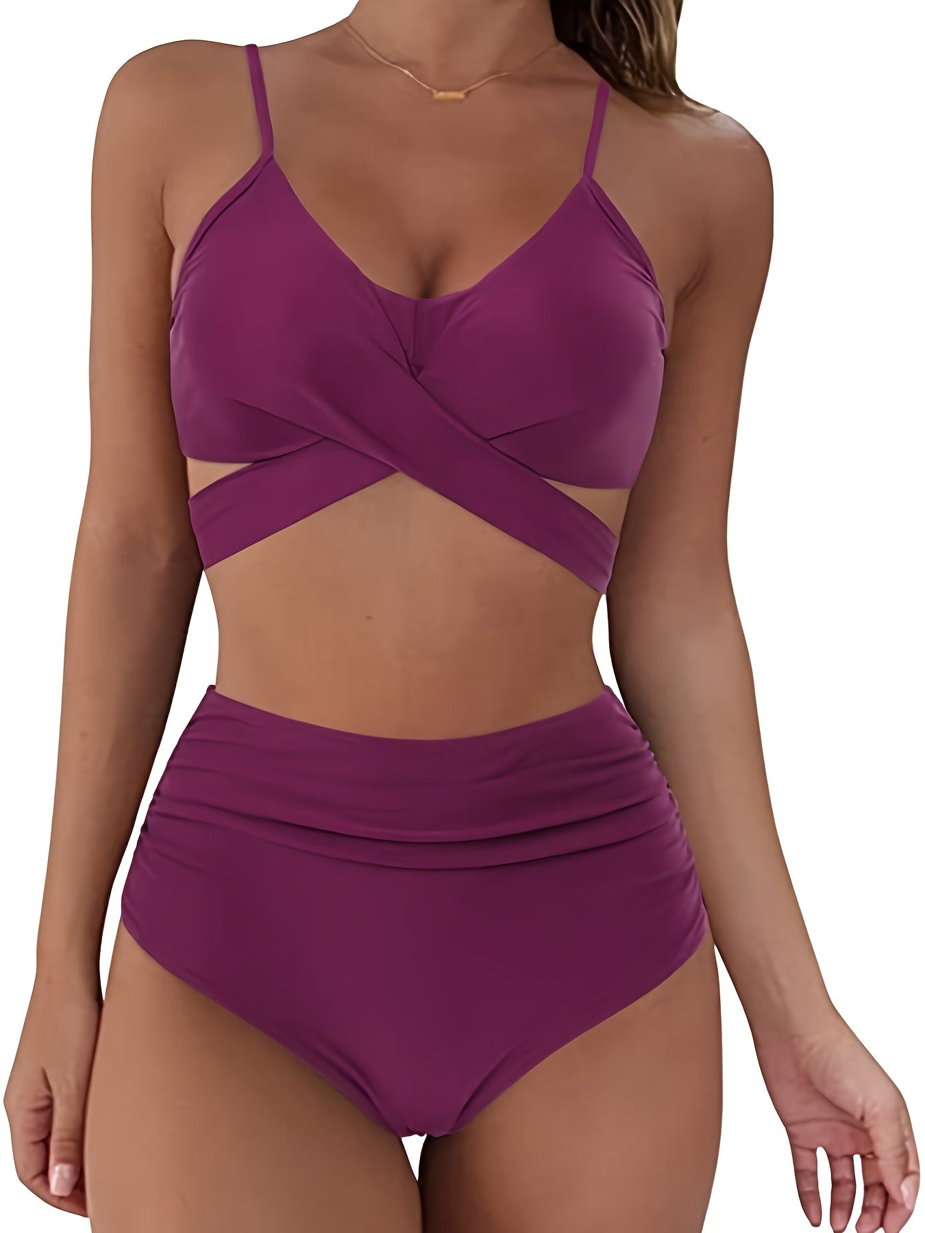 OMKAGI Elegant High-Waist Bikini Set for Women - Solid Color, Cross-Back Design with V-Neck Top & Ruched Bottoms, Machine Washable