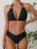 Plain Black Color Triangle Halter Tie Strap Backless 2 Piece Set Bikini Swimsuits, Women's Swimwear & Clothing