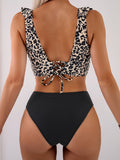 Two-Piece Quick Dry Leopard Print Women's Bikini Set, High Waist Bottoms With Ruffle Top For Summer Beachwear
