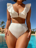 2-Piece Womens High-Waisted V-Neck Solid Color Ruffle Bikini Set - Comfortable Medium Stretch Polyester Swimsuit with Knit Fabric and No Printing - Perfect for Vacation and Beach Activities