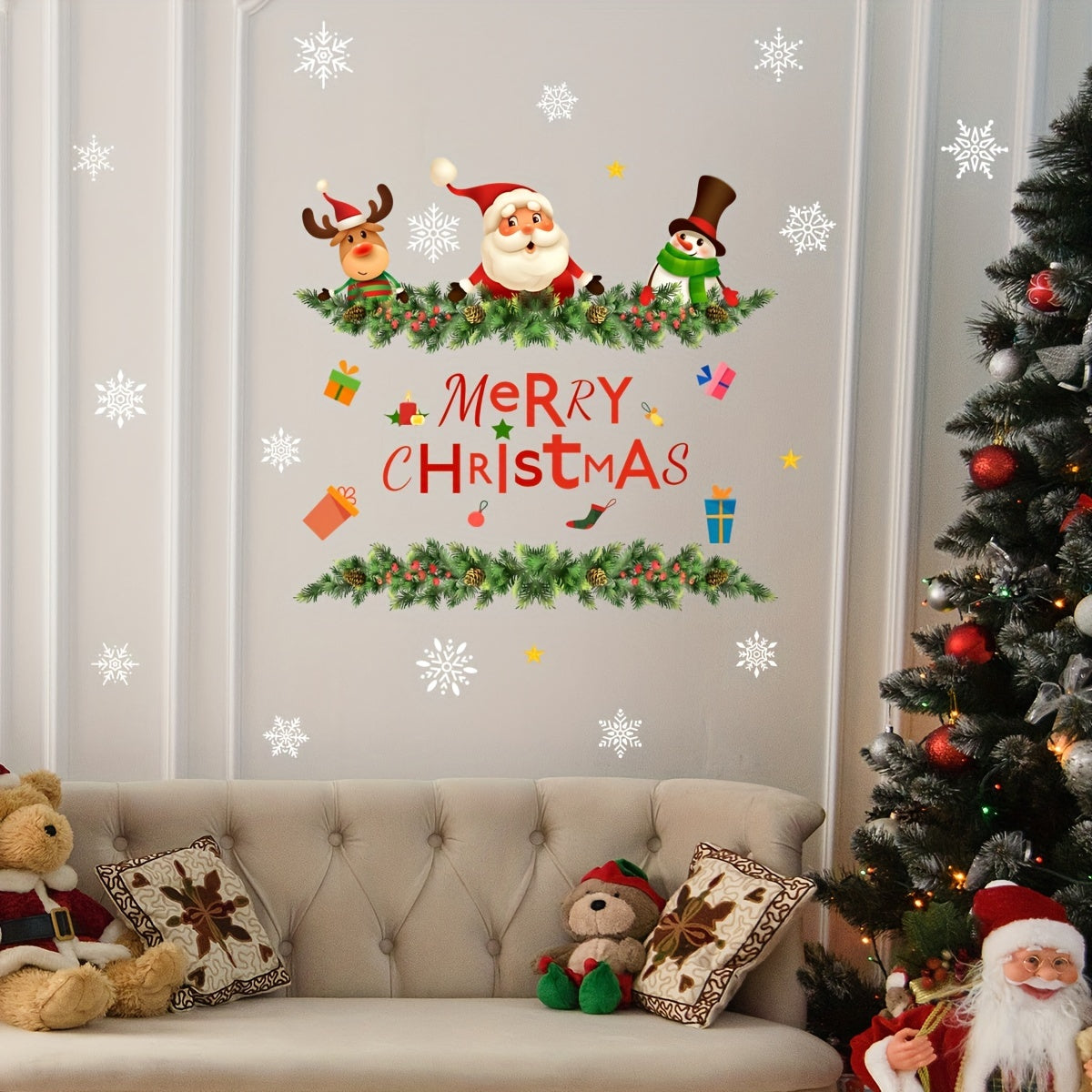 Santa & Snowflake Christmas Wall Decals - Self-Adhesive, Easy Apply for Bedroom & Home Decor