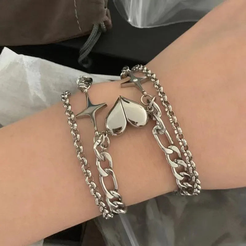 Fashion Silver Color Love Heart Magnet Buckle Couple Bracelets for Women Trendy Personality Double Layer Bracelet Lovers Jewelry