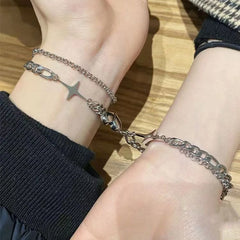 Fashion Silver Color Love Heart Magnet Buckle Couple Bracelets for Women Trendy Personality Double Layer Bracelet Lovers Jewelry