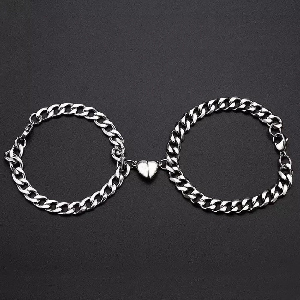 Fashion Silver Color Love Heart Magnet Buckle Couple Bracelets for Women Trendy Personality Double Layer Bracelet Lovers Jewelry