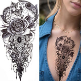 Qfdian  Realistic Peony Flower Temporary Tattoo For Women Compass Lotus Rose Dreamcatcher Tattoo Sticker Black Dragon Fake Lace Tatoo