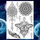 Qfdian  Tribal Henna Temporary Tattoos For Women Girls Adult Lace Black Mandala Tattoo Sticker Fake Flower Lotus Moon Tatoos Waterproof