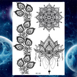 Qfdian  Tribal Henna Temporary Tattoos For Women Girls Adult Lace Black Mandala Tattoo Sticker Fake Flower Lotus Moon Tatoos Waterproof