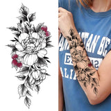 Qfdian  Realistic Fake Peony Temporary Tattoos For Women Girl Black Rose Elephant Flower Tattoo Sticker Tiger Anemone Tatoos Half Sleeve