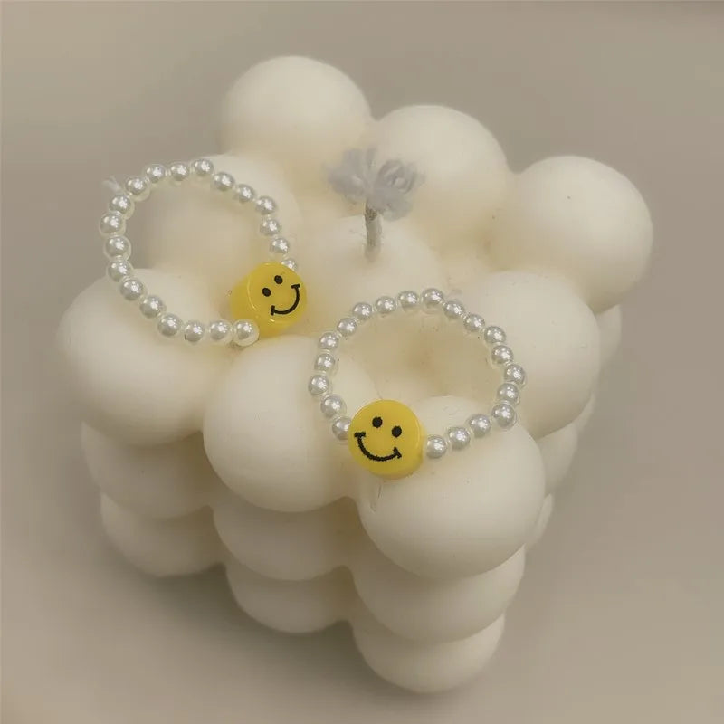 2023 INS New Minimalist Multi Bead Simulated Pearl Smiling Face Geometric Rings for Women Finger Jewelry Adjustable Elastic Ring