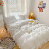 Qfdian  Japan Style Solid Color Bedding Set Cute Girl Ruffle Lace Pink Bed Skirt Kids Duvet Cover With Pillow Case Bed Sheet For Women