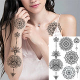 Qfdian  Tribal Henna Temporary Tattoos For Women Girls Adult Lace Black Mandala Tattoo Sticker Fake Flower Lotus Moon Tatoos Waterproof