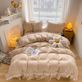 Qfdian  Japan Style Solid Color Bedding Set Cute Girl Ruffle Lace Pink Bed Skirt Kids Duvet Cover With Pillow Case Bed Sheet For Women