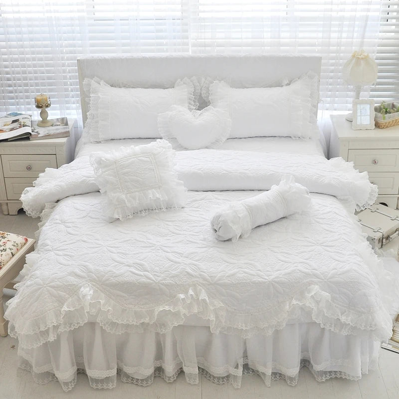 100%Cotton Thick Quilted lace Bedding set King queen Twin size Bed set Princess Korean Girls White Pink Bed skirt set Pillowcase