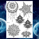Qfdian  Tribal Henna Temporary Tattoos For Women Girls Adult Lace Black Mandala Tattoo Sticker Fake Flower Lotus Moon Tatoos Waterproof