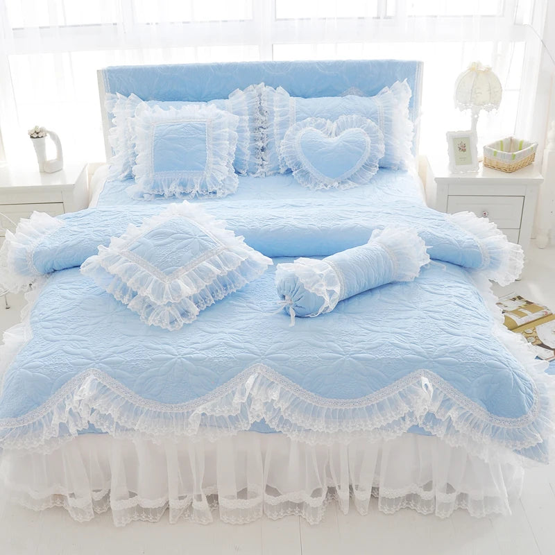 100%Cotton Thick Quilted lace Bedding set King queen Twin size Bed set Princess Korean Girls White Pink Bed skirt set Pillowcase