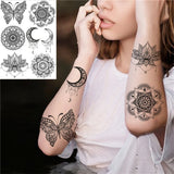 Qfdian  Tribal Henna Temporary Tattoos For Women Girls Adult Lace Black Mandala Tattoo Sticker Fake Flower Lotus Moon Tatoos Waterproof