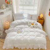 Qfdian  Japan Style Solid Color Bedding Set Cute Girl Ruffle Lace Pink Bed Skirt Kids Duvet Cover With Pillow Case Bed Sheet For Women