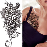Qfdian  Realistic Peony Flower Temporary Tattoo For Women Compass Lotus Rose Dreamcatcher Tattoo Sticker Black Dragon Fake Lace Tatoo