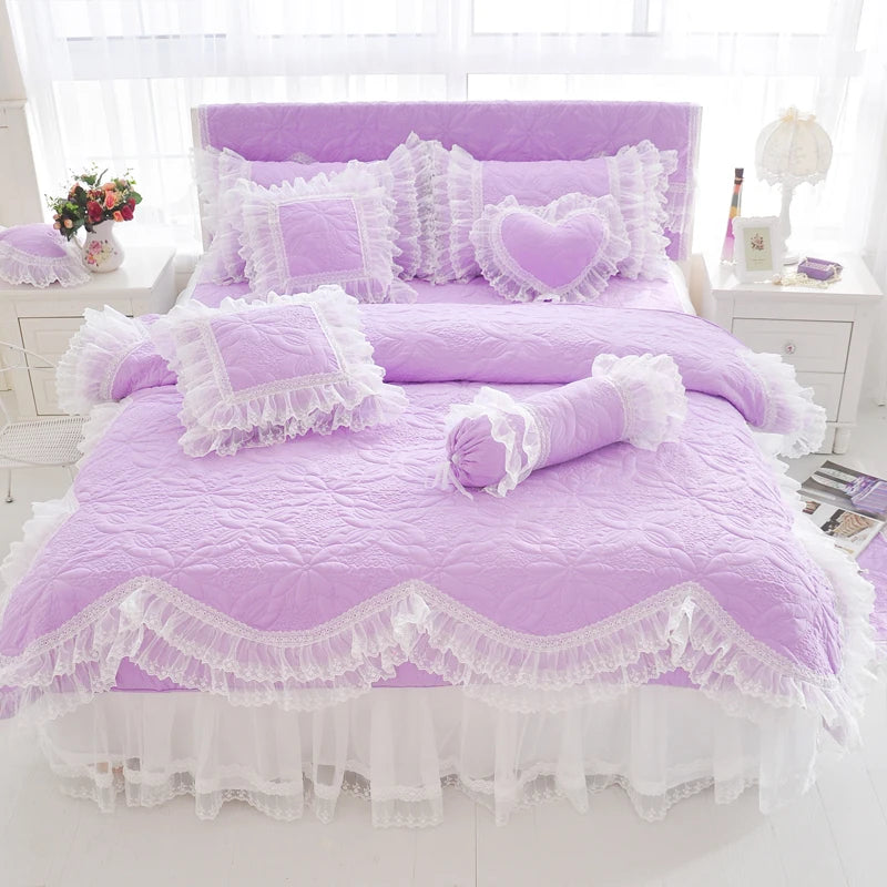 100%Cotton Thick Quilted lace Bedding set King queen Twin size Bed set Princess Korean Girls White Pink Bed skirt set Pillowcase