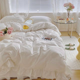 Qfdian  Japan Style Solid Color Bedding Set Cute Girl Ruffle Lace Pink Bed Skirt Kids Duvet Cover With Pillow Case Bed Sheet For Women