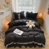 Qfdian  Japan Style Solid Color Bedding Set Cute Girl Ruffle Lace Pink Bed Skirt Kids Duvet Cover With Pillow Case Bed Sheet For Women