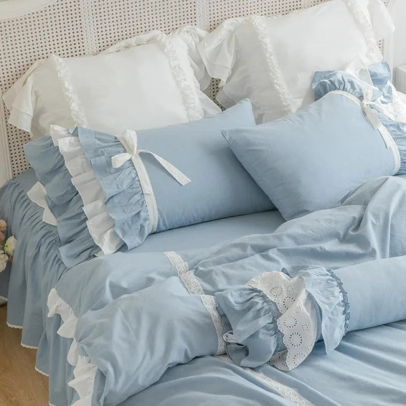 Double Ruffle Farmhouse Waterfall Duvet Cover 4/7Pcs Shabby Blue Chic Bedding Set for Girls Room Decoration Bedskirt Pillowcases